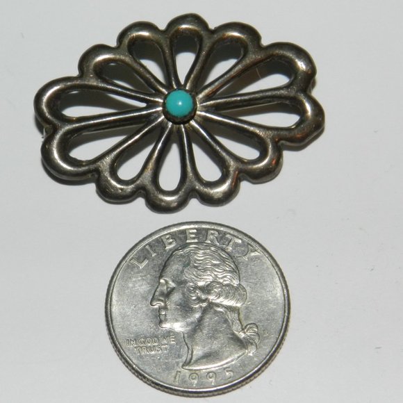 Vtg Native American Navajo Sterling Silver Turquoise sandcast Brooch Unmarked - Picture 3 of 4